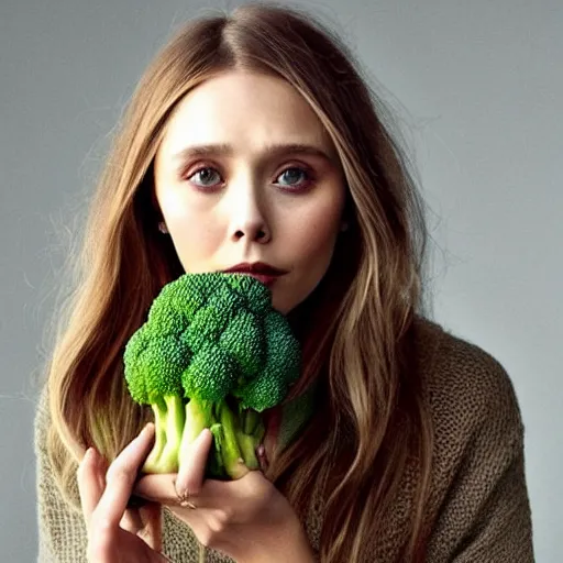 Prompt: elizabeth olsen with a [ [ head made of broccoli ] ]!!, trending on cgsociety, 4 k quality, intricate