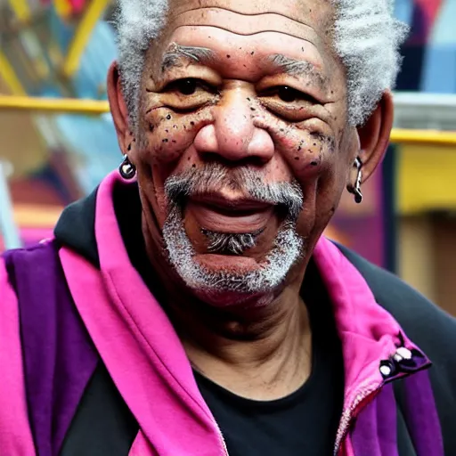 Prompt: morgan freeman with a pink mohawk and a nose ring riding a rollercoaster