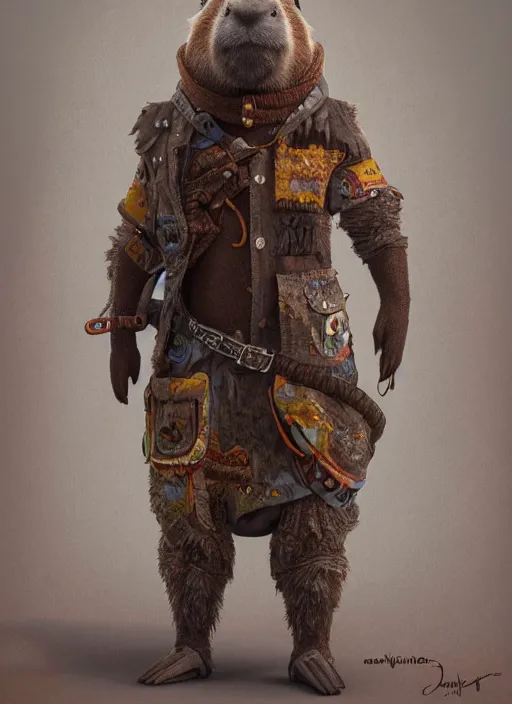 Image similar to detailed full body concept art illustration oil painting of an anthropomorphic capybara cowboy in full intricate clothing by Diane Whitehead, biomutant, ultra detailed, digital art, octane render