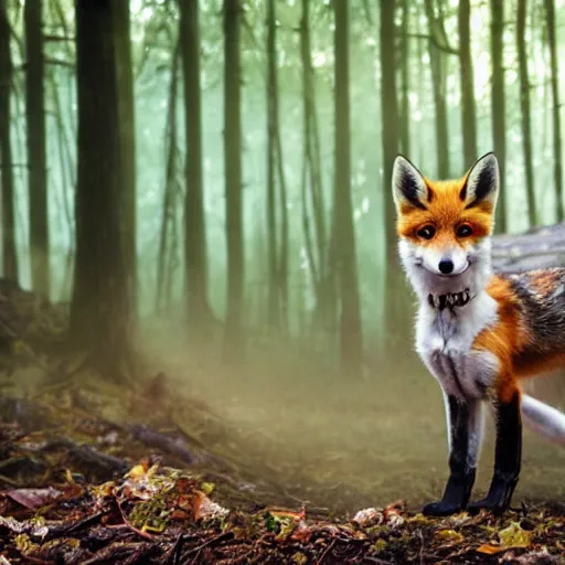 Prompt: a fluffy cute fox hound enjoying a delicious vibrant looking steamy soup in a cleared space in the forest the trees and leaves in the background bokeh blur with illuminating full moon casting light over the forest floor. UHD. Shot on IMAX 70mm. Intimate liminal space aeshtetic.
