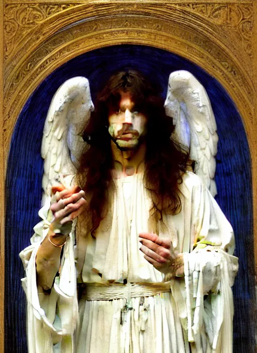 Prompt: portrait of beautiful male archangel in white robes with blue light streaming down from heaven, pre - raphaelite painting by john william waterhouse, trending on artstation. highly detailed, symmetrical face.