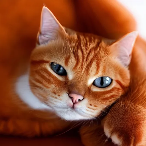 Prompt: a lazy and cute orange tabby cat cuddling studio lighting