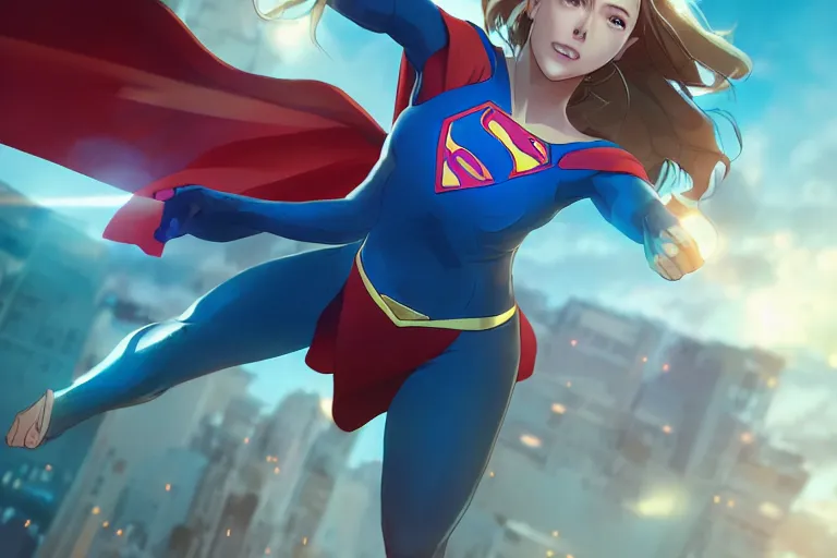 Prompt: supergirl, single subject, scenic full shot, ambient lighting, fierce look, detailed face, by makoto shinkai, stanley artgerm lau, wlop, rossdraws.