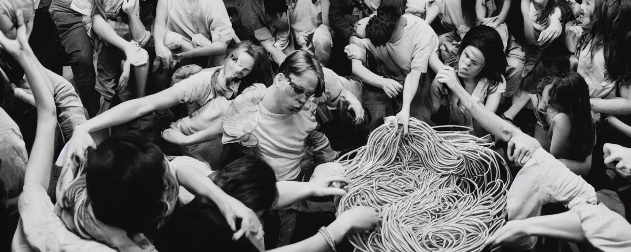 Prompt: a group of people being consumed by a giant bowl of spaghetti, fear, anxiety, canon 5 0 mm, cinematic lighting, photography, retro, film, kodachrome