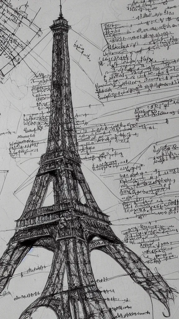 Image similar to architectural design studies of Eiffel Tower, schematics, notes, different closeup view, drawn by Leonardo da Vinci, chinese inkpen draw, artistic, intricated details