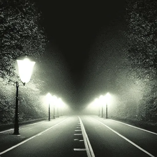 Prompt: Beautiful cameraphone 2000s, soft liminal Photograph of foggy road, hedge night, streetlight.