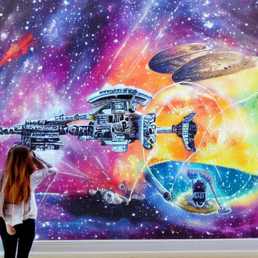 Prompt: aliens standard in an integalactic space port while viewing a large mural about humans