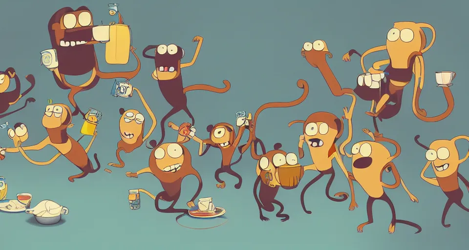 Image similar to cartoon monkeys drinking lots of coffee in the style of adventure time, the amazing world of gumball, pixar, toki doki, greg rutkowski and makoto shinkai, trending on artstation