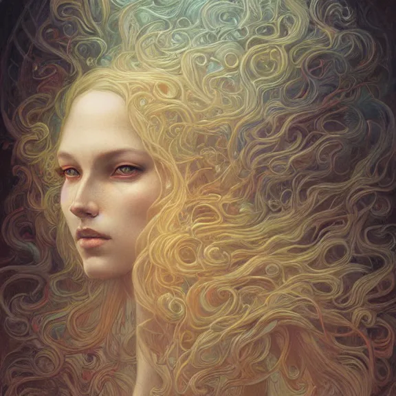 Image similar to a highly detailed beautiful portrait in the style of jean delville and in the style of peter mohrbacher.