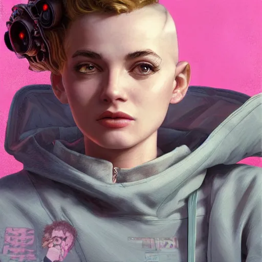 Prompt: character portrait of a 1950s girl in a hoodie, pixie cut, shaved side of head, dystopian cyberpunk steampunk soviet mood, intricate, wild, highly detailed, digital painting, artstation, upper body, concept art, smooth, sharp focus, illustration, art by artgerm and greg rutkowski and alphonse mucha