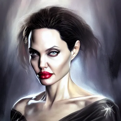 Image similar to Angelina Jolie as Lucifer Morningstar, highly detailed, digital painting, artstation, concept art, smooth, sharp focus, illustration, ArtStation, art by Katsuhiro Otomo and Tom Bagshaw