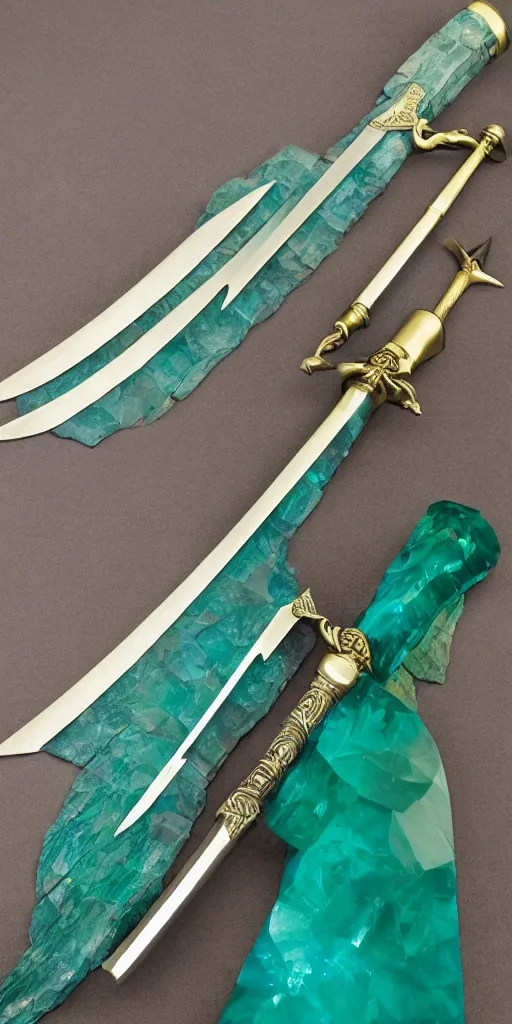 Image similar to photograph of a wide green and teal crystal sword blade attached to a big gold sword hilt
