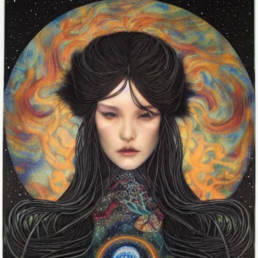 Image similar to by chie yoshii threatening. a beautiful land art of a woman with long flowing hair, wild animals, & a dark, starry night sky.