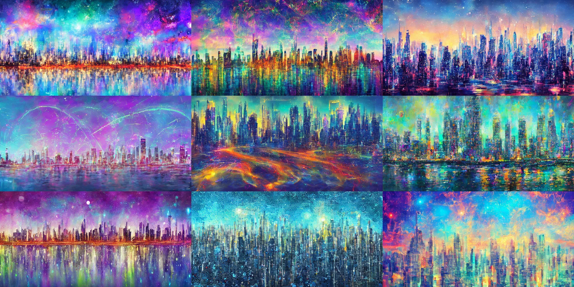 Prompt: art by ai artificial - intelligence [ limitless inspiration and awe ] + [ the transcendent experience of pure joy and happiness ] + [ city skyline ]