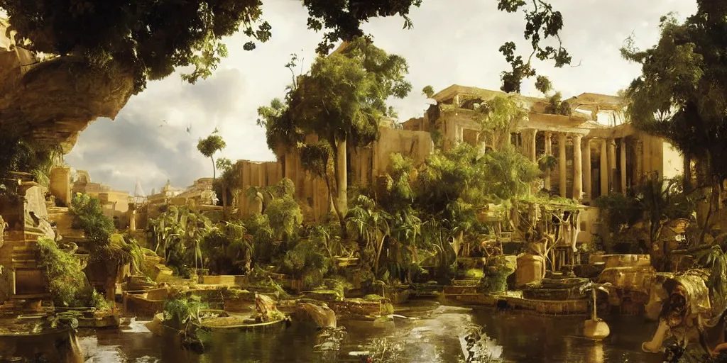 Image similar to beautiful landscape oil matte painting, of bustling empire hanging gardens of babylon, art by anders zorn, wonderful masterpiece highly detailed, beautiful cinematic light deep focus, elegant, digital painting, smooth, sharp focus, golden ratio, dramatic illumination, ultra realistic, 8 k, art by artemisia lomi gentileschi and caravaggio