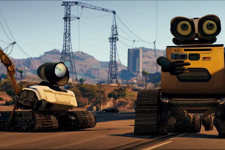 Image similar to wall - e in grand theft auto 5, heavy detailed, ultra high definition quality, gta 5 game engine graphics