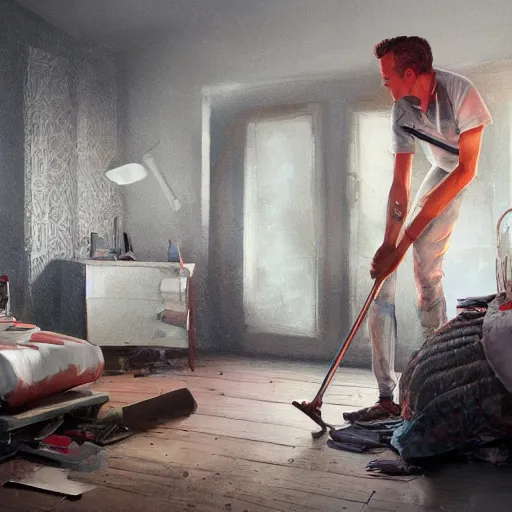 Image similar to jordan peterson cleaning his room, very detailed, artstation, cgsociety, f /1.3
