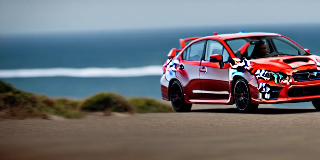 Image similar to photograph, 2013 Subaru WRX STi, hatchback, cinematic, california coast, ocean view, 8k, depth of field, bokeh.