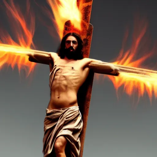 Image similar to Concept art of flaming Jesus on the cross, trending on artstation.