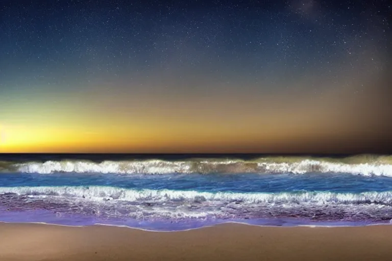 Image similar to bioluminescent waves, beach, night, landscape, relax atmosphere, magic atmosphere, photo realistic