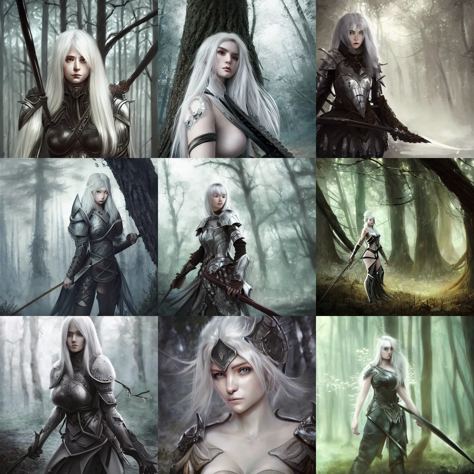 Prompt: fantasy art of woman warrior in plate armor, in dark forest, medium shot, white hair, very realistic, cgsociety, anime, matte painting, intricate, by wlop