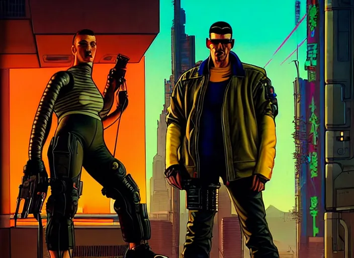 Image similar to cyberpunk tough guys. portrait by stonehouse and mœbius and will eisner and gil elvgren and pixar. character design. realistic proportions. cyberpunk 2 0 7 7 character art, blade runner 2 0 4 9 concept art. cel shading. attractive face. thick lines. the team. diverse characters. artstationhq.