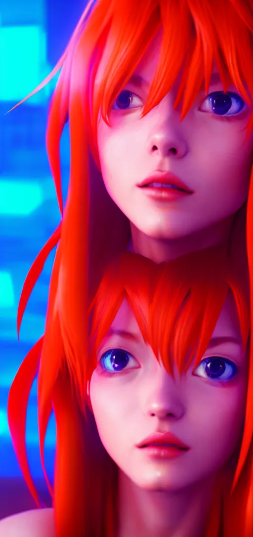 Image similar to asuka langley in a neon city, octane render 8 k, photorealistic render, atmospheric render, beautiful face, cute, realistic skin, redshift render, realistic reflections