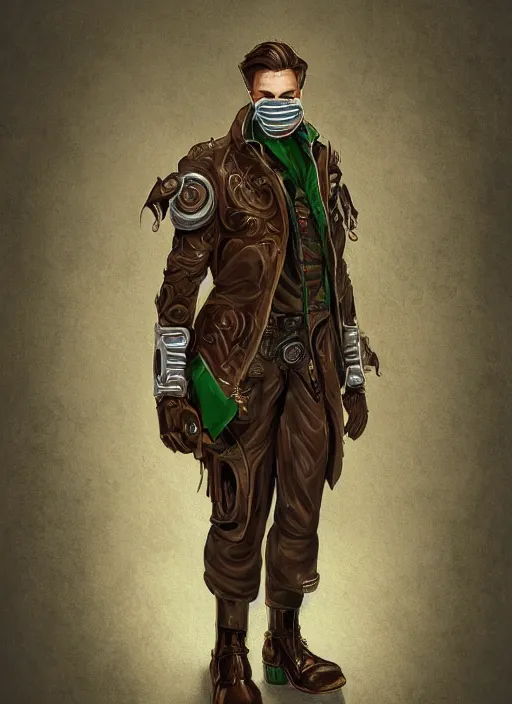 Prompt: a highly detailed illustration of thick wavy brown haired young white guy wearing brown trench coat and wearing green face mask, with many mechanical arms on his back, dramatic hands in pocket standing pose, intricate, elegant, highly detailed, centered, digital painting, artstation, concept art, smooth, sharp focus, league of legends concept art, WLOP