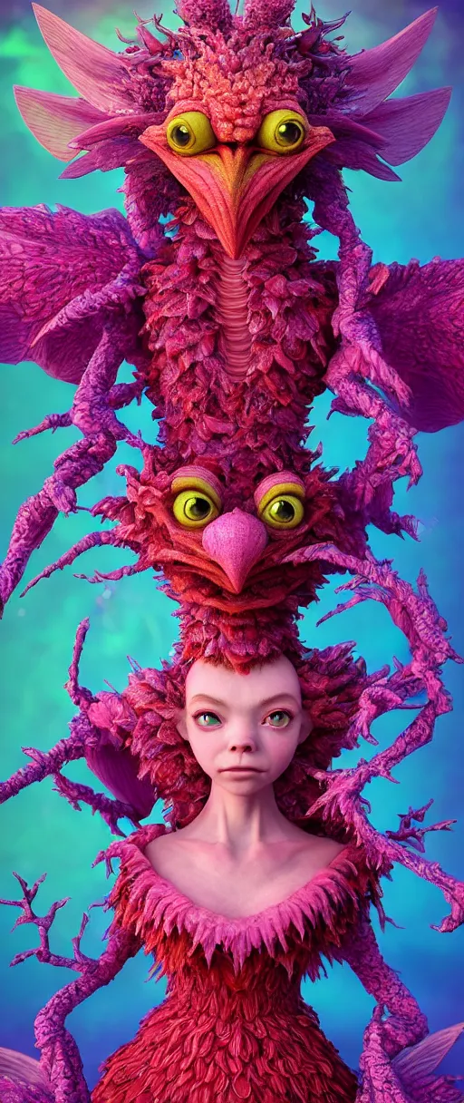 Prompt: hyper detailed 3d render like a Oil painting - kawaii portrait of two Aurora (a beautiful skeksis muppet fae princess protective playful expressive from dark crystal that looks like Anya Taylor-Joy) seen red carpet photoshoot in UVIVF posing in scaly dress to Eat of the Strangling network of yellowcake aerochrome and milky Fruit and His delicate Hands hold of gossamer polyp blossoms bring iridescent fungal flowers whose spores black the foolish stars by Jacek Yerka, Ilya Kuvshinov, Mariusz Lewandowski, Houdini algorithmic generative render, Abstract brush strokes, Masterpiece, Edward Hopper and James Gilleard, Zdzislaw Beksinski, Mark Ryden, Wolfgang Lettl, hints of Yayoi Kasuma and Dr. Seuss, octane render, 8k