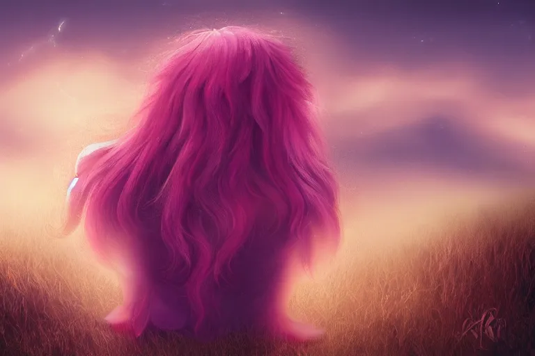 Prompt: Pinkie Pie sitting down viewed from behind gazing off into the horizon professional photography and mood lighting flowing mane and tail relaxed expression subtle fog fireflies realistic digital art 4k