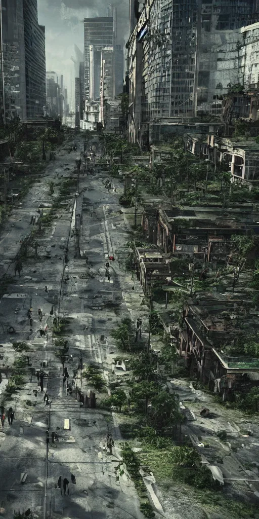 Image similar to an abandoned overgrown city, small amount of zombies lurking around, windows broken, big solo traveller walking in the middle, highly detailed, realistic, asymmetrical, octane render, cinematic, sharp focus