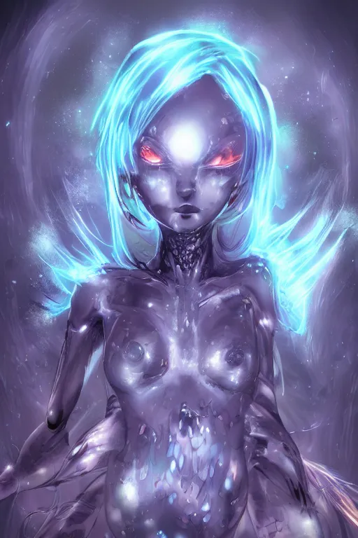 Image similar to a humanoid figure antimatter energy monster, amber eyes, highly detailed, digital art, sharp focus, ambient glow, trending on art station, anime art style