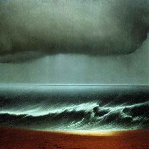 Image similar to thunderstorm hitting ocean made by zdzisław beksinski