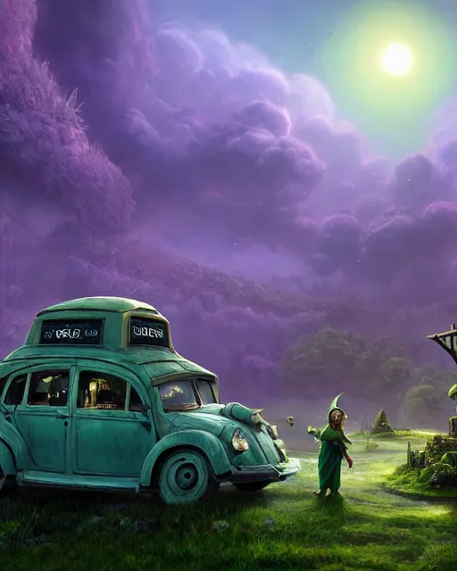 Prompt: tardigrade taxi car in a fantasy tatdigrade village, calming, uplifting mood, ultra realistic, farm, small buildings, highly detailed, atmosphere, violet planet in the sky, masterpiece, epic lighting, elves, green plants, magic, illuminated, 4 k, cinematic, morning sun, art by eddie mendoza