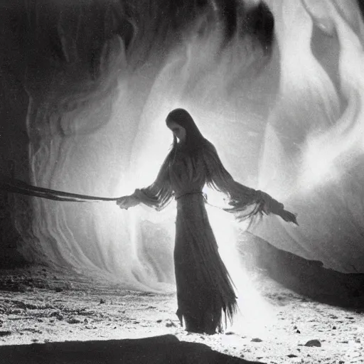 Image similar to 1 9 7 0's artistic spaghetti western movie, a woman in a giant billowy wide flowing waving dress made out of white smoke, standing inside a dark western rocky scenic landscape, volumetric lighting, backlit, moody, atmospheric