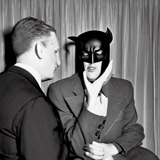 Prompt: photo of batman in an interview, photo taken by nina leen