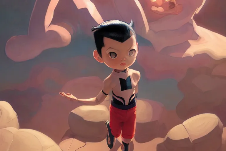 Image similar to wide-angle portrait of Astroboy, full body pose, zenith angle, shadowy area, dramatic lighting, concept art, digital painting, Unreal Engine 5, 8K, art by artgerm and Greg Rutkowski and Alphonse Mucha