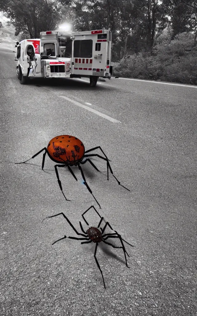 Prompt: a big spider coming out from an ambulance in the middle of the road, scientific earth crust, trail cam, realistic photography paleoart, masterpiece album cover