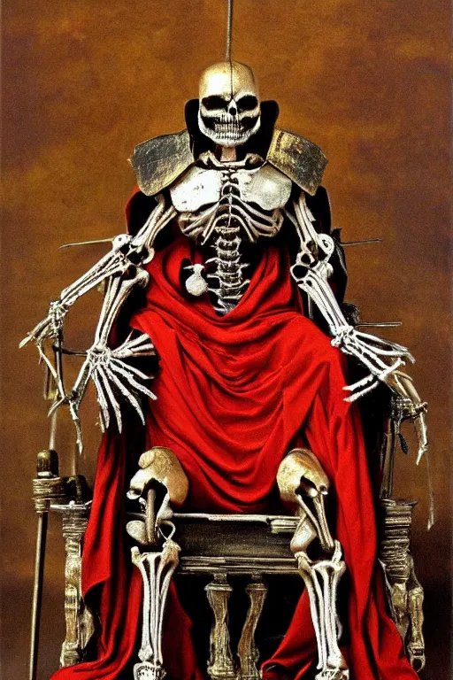 Image similar to wraith skeleton knight wearing crimson cloak sitting on throne, mechanic electric ornaments, golden metallic, realistic, detailed, by caravaggio