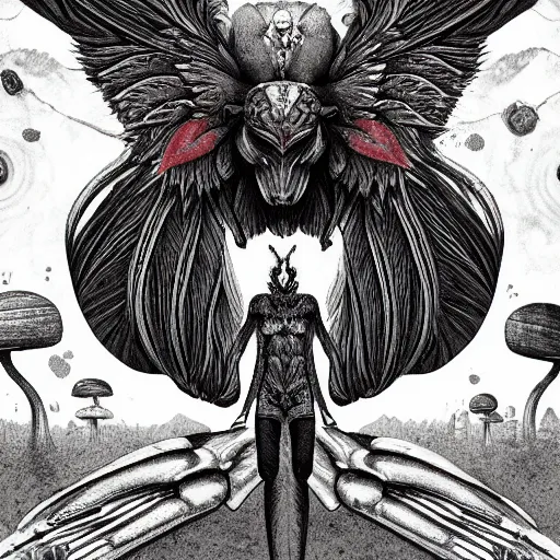 Image similar to A centered chest up portrait of a psychedelic godlike mothman with giant mandala wings smoking a hand-rolled cigarette smoking heavily , magic mushroom village in background , award winning. superb resolution. in the art style of junji Ito and greg rutkowski . Detailed Mushroom city in background. Hyper realistic anime. Perfect art. Dalle2