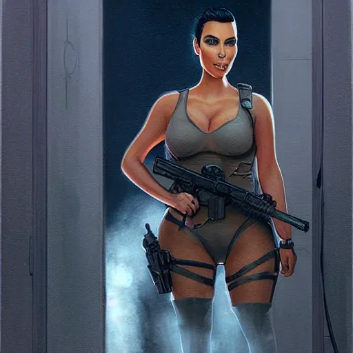 Image similar to kim kardashian as a cop, police uniform, full body view, full pov, haunted house interior, pretty, aesthetic, dust molecules, matte detailed photo, DeviantArt, Artstation, by donato giancola, ralph horley, loish, cinematic lighting