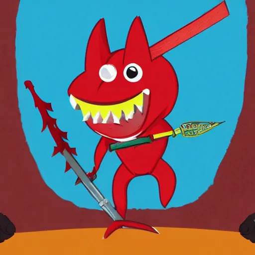 Image similar to red cartoon shark wielding a red samurai sword