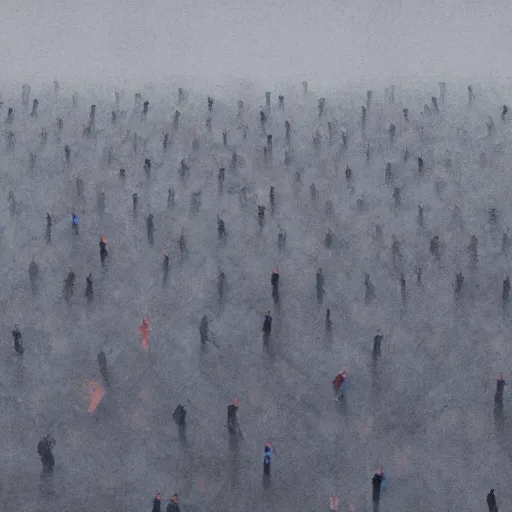 Image similar to illustration of rows of humans hanging on hooks in an ice box, fog rolling on the ground