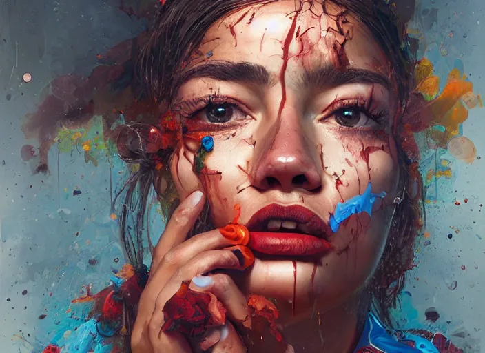 Prompt: a young hispanic woman portrait, photorealistic, highly detailed, conpect art, art by simon stalenhag, raymond swanlad and alberto seveso