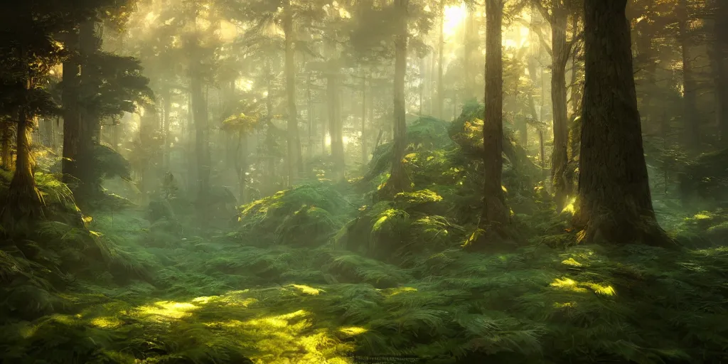 Image similar to a forest, oil painting, cinematic angle, hyperrealistic, volumetric lighting, breathtaking, Studio Ghibli, octane render, post-processing, epic composition, trending on artstation, masterpiece
