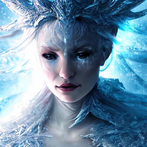 Prompt: fantasy character concept portrait, digital painting, wallpaper of an ice goddess, clothed in a gown made out of frost and magma, halo, by aleksi briclot, by laura zalenga, by alexander holllow fedosav, 8 k dop dof hdr, vibrant, instagram filters