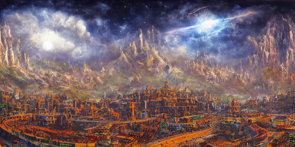 Image similar to fantasy oil painting, gleaming silver mega structure city, argos, indore, kailasa, ellora, hybrid, looming, small buildings, warm lighting, street view, overlooking, epic, interstellar space port launching dock, distant mountains, bright clouds, luminous sky, cinematic lighting, michael cheval, david palladini, oil painting, natural tpose