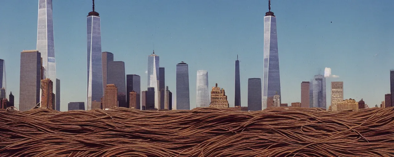 Image similar to spaghetti stand with the world trade center in the distance, growing out of the dirt, kodachrome, in the style of wes anderson, retro