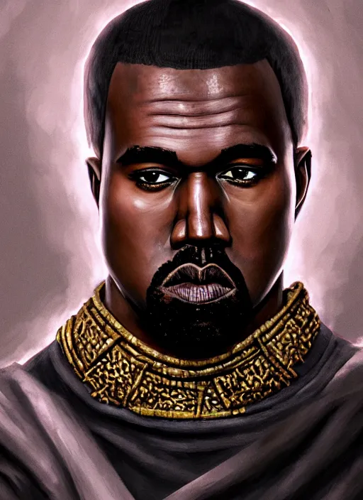 Image similar to a portrait of a kanye west as a male tiefling warrior, d & d, fantasy, intricate, tone mapped, ambient lighting, highly detailed, digital painting, artstation, concept art, 4 k, god rays, stunning beautiful, glowing eyes, sharp focus, by makoto shinkai and akihiko yoshida and hidari and wlop