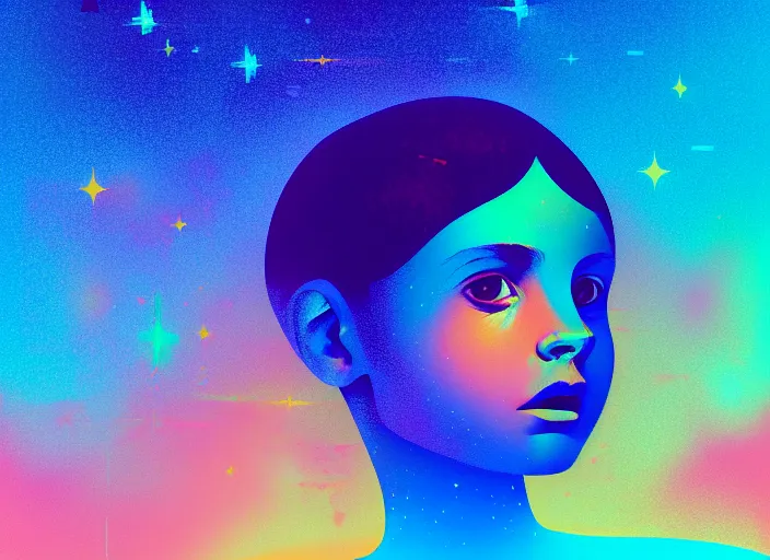 Prompt: ( ( dither ) ), editorial illustration portrait of a young astronaut girl reaching for the stars, colorful modern, mads berg, karolis strautniekas, ( ( christopher balaskas ) ), fine texture, dynamic pose, detailed, matte print, muted color, lomography, dramatic lighting, ( ( risograph ) )